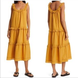 The Great. Mustard yellow eyelet cotton ruffle tiered sleeveless midi dress